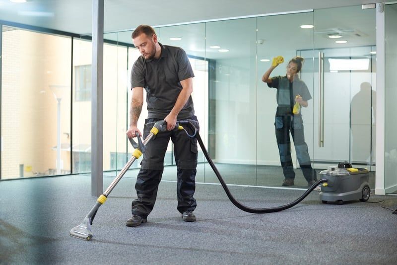 Person vacuuming a carpeted room with large windows and sunlight.