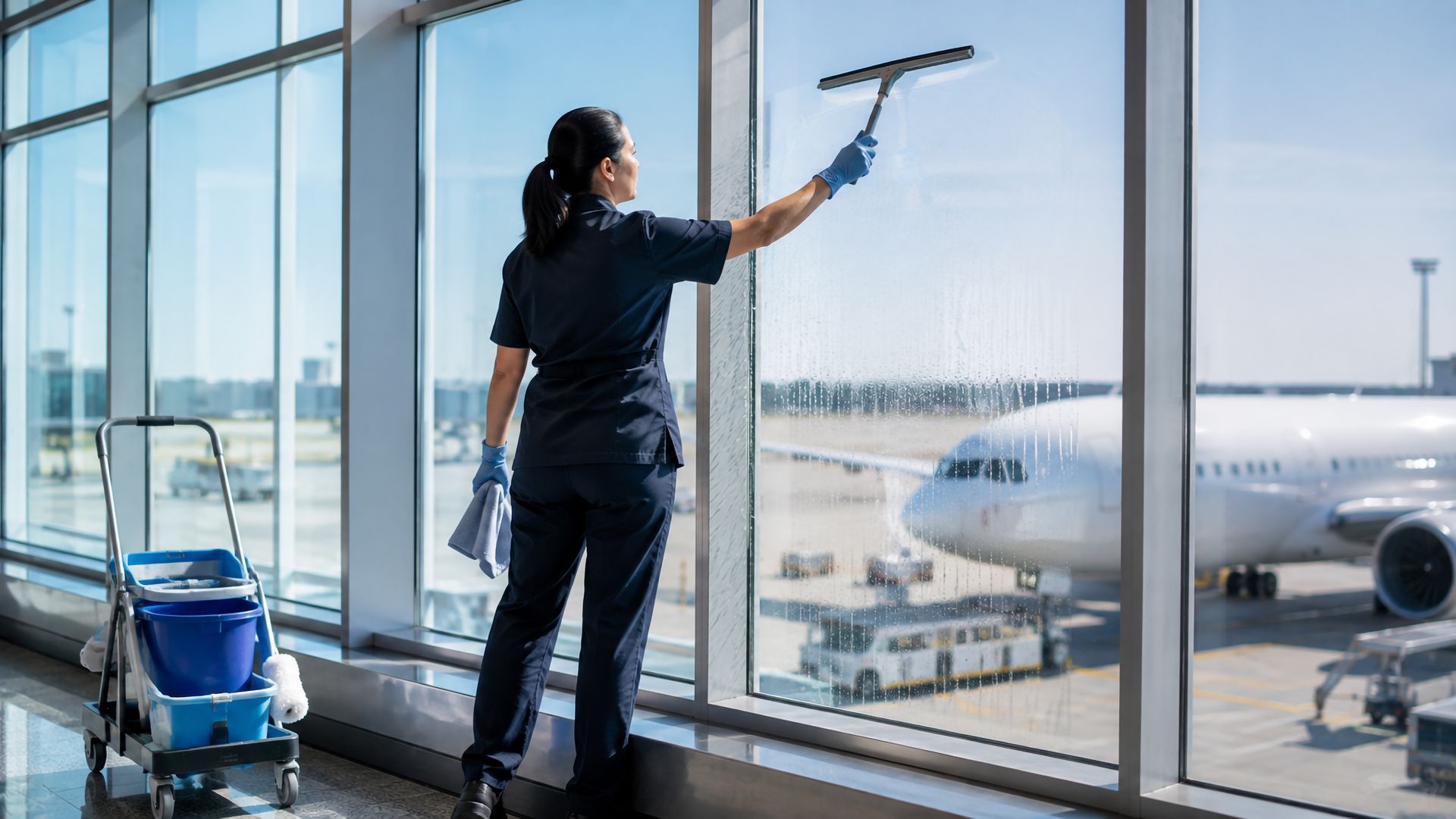 Person mops a bright room floor near a sliding glass door.