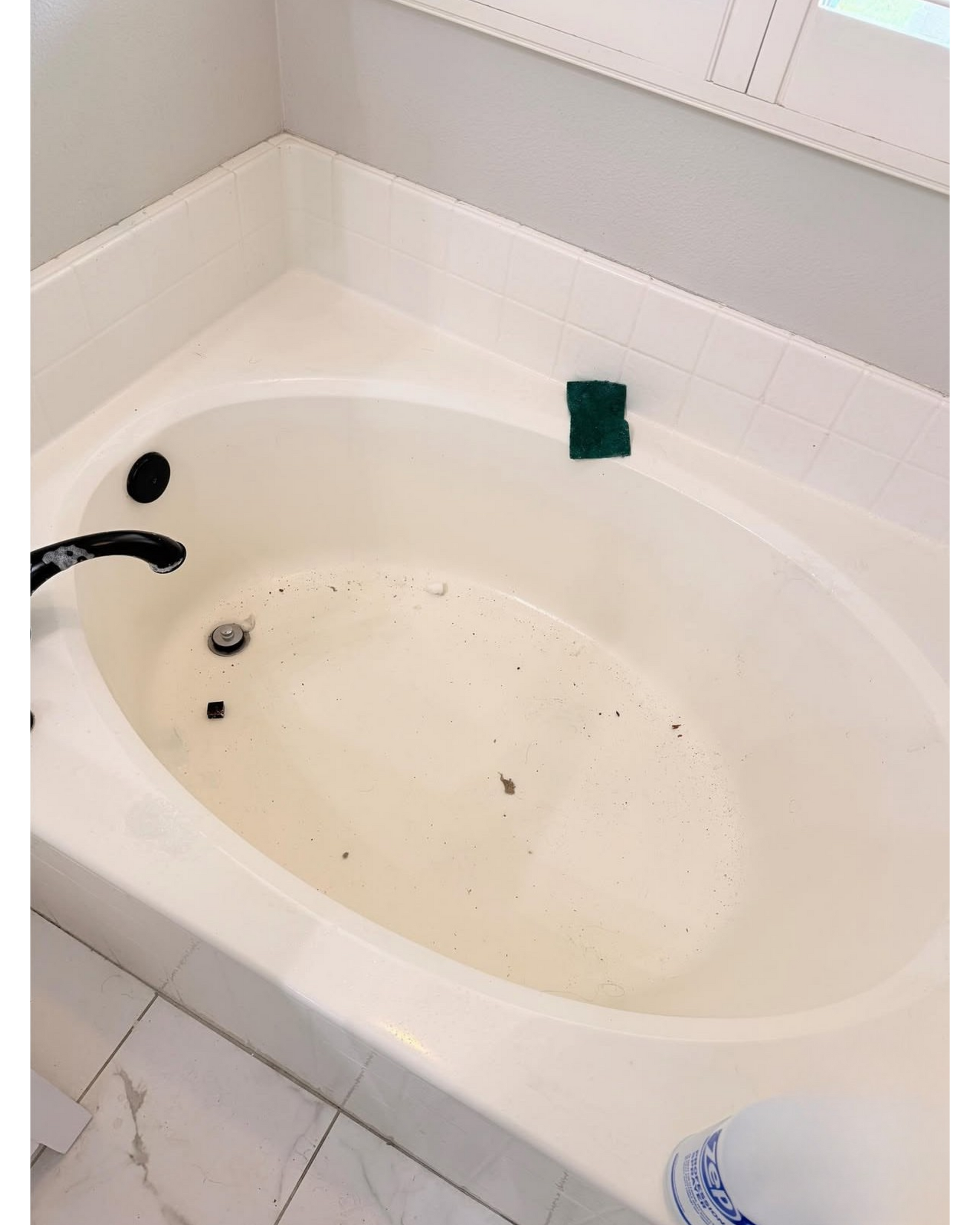 White bathtub with dirty water, dark spots, and a green sponge near the faucet area.