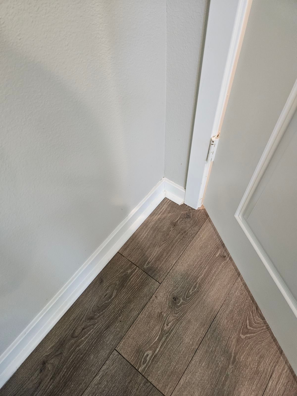 Corner of a room with wood-look flooring, white baseboards, and a partially open white door.