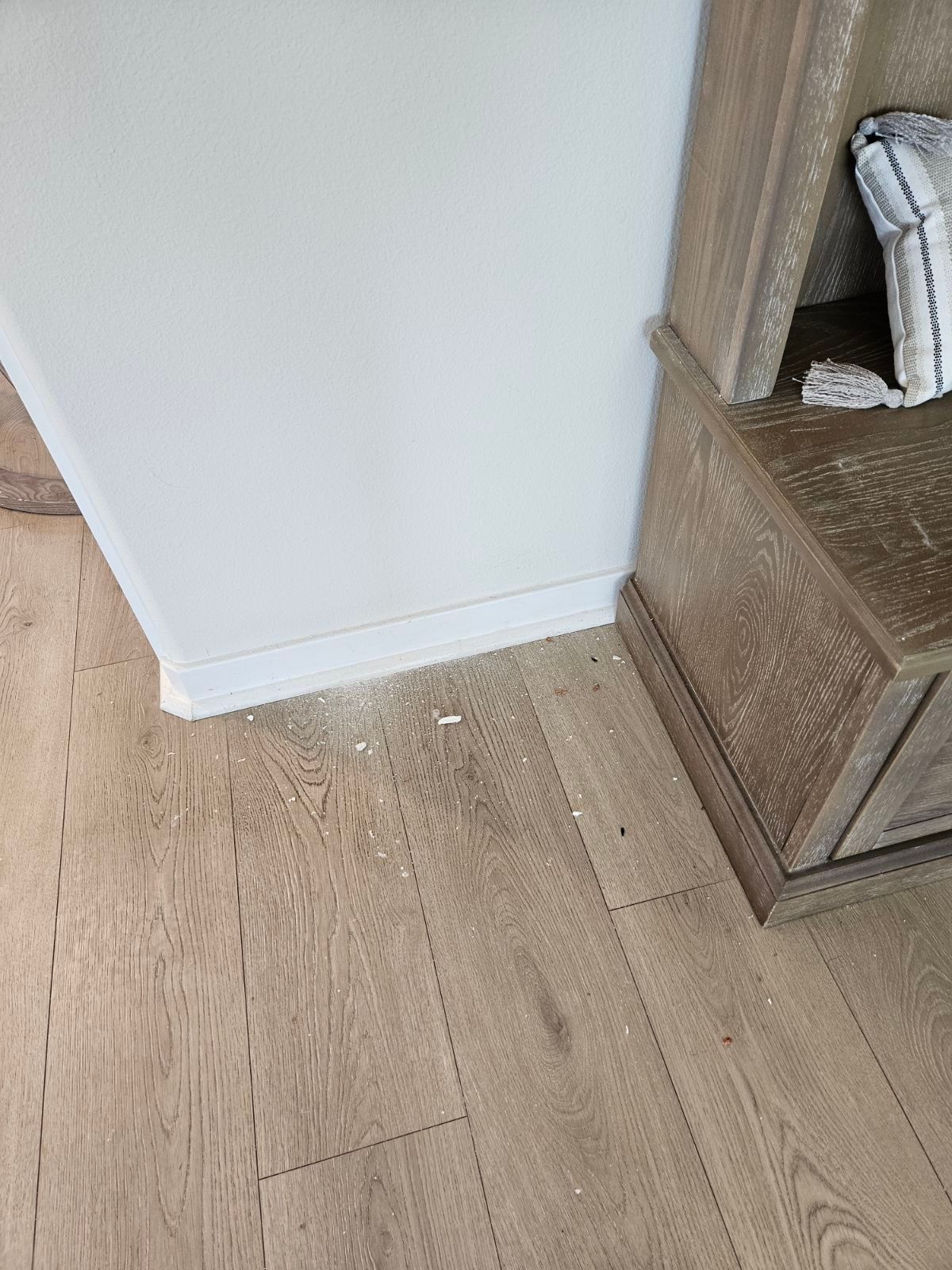 Corner of a room with light wood flooring, white wall, and a brown cabinet or sofa edge on the right.