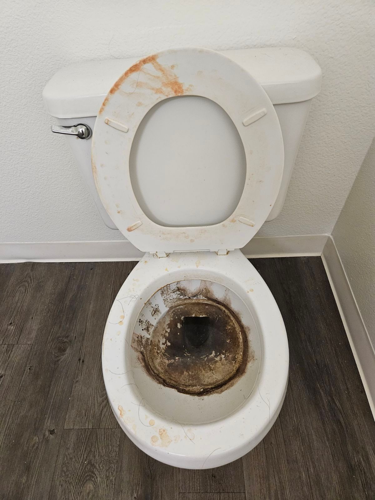 Dirty toilet with open lid and heavy rust or staining in a restroom.