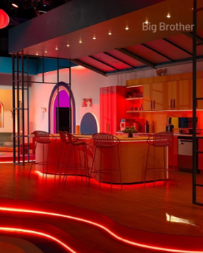 Red-lit modern kitchen set with island, stools, and neon floor lights, labeled “Big Brother.”