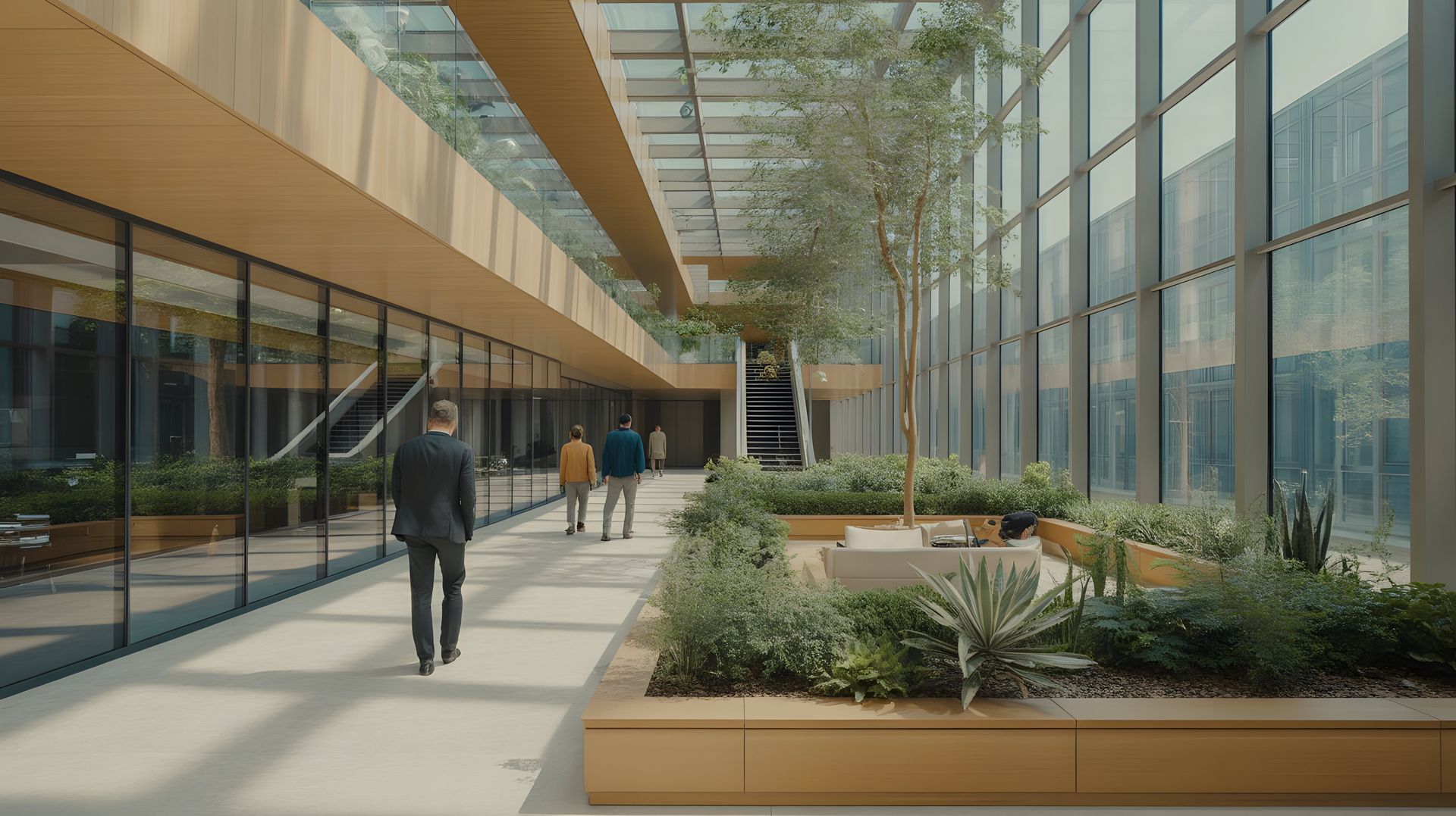 Modern glass atrium hallway with people walking past planter beds and large windows