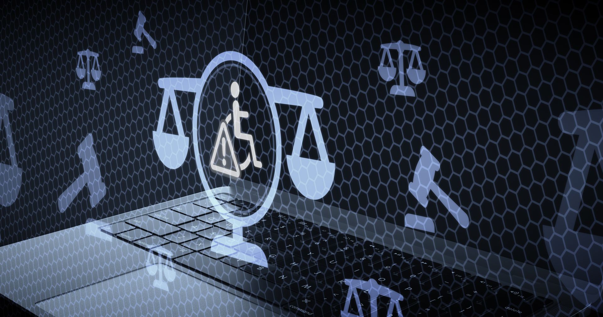 Digital scales of justice over a laptop keyboard on a dark legal-tech background