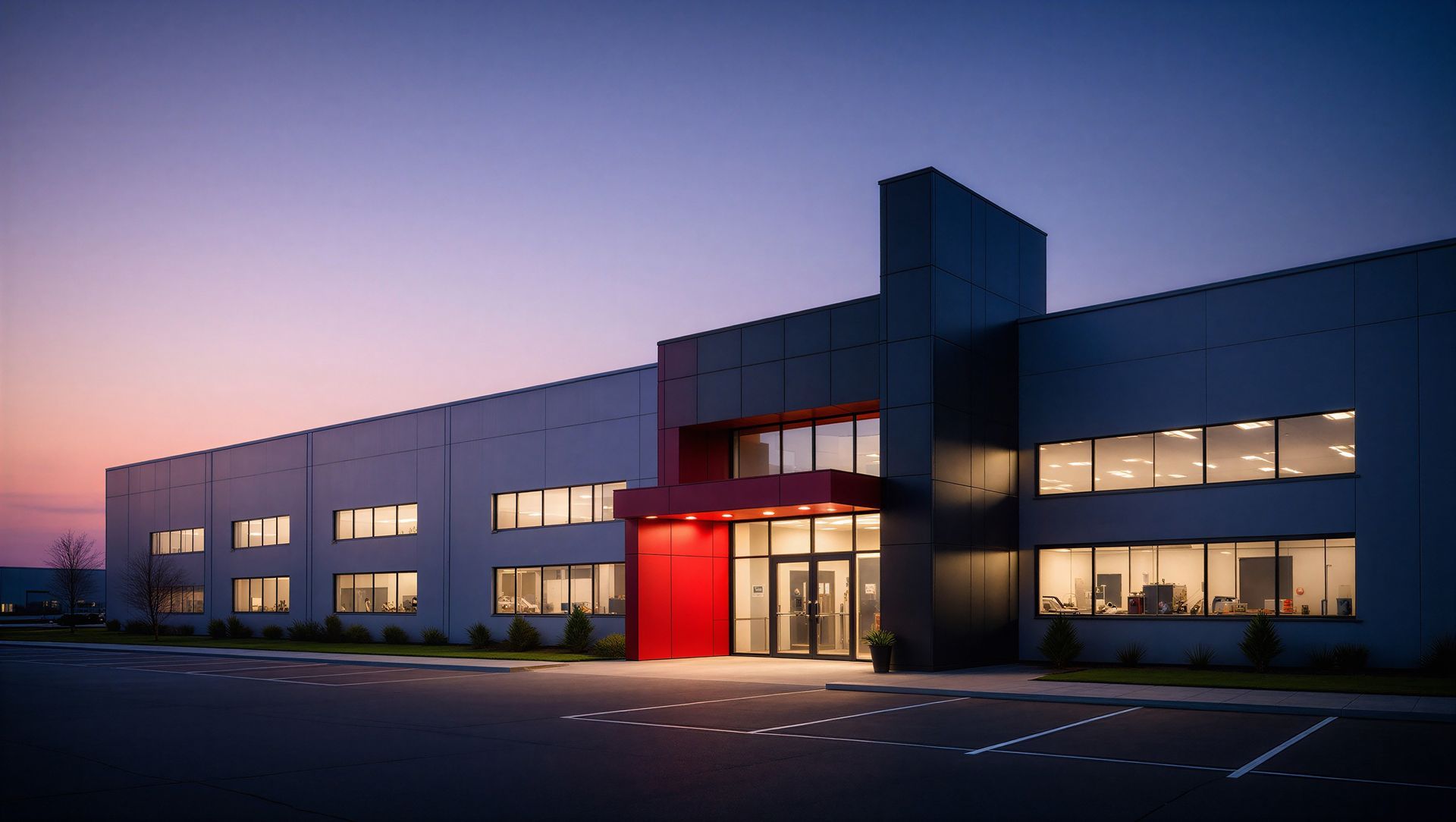 Modern office building at dusk with a red-lit entrance and illuminated windows Modern office building at dusk with a red-lit entrance and illuminated windows