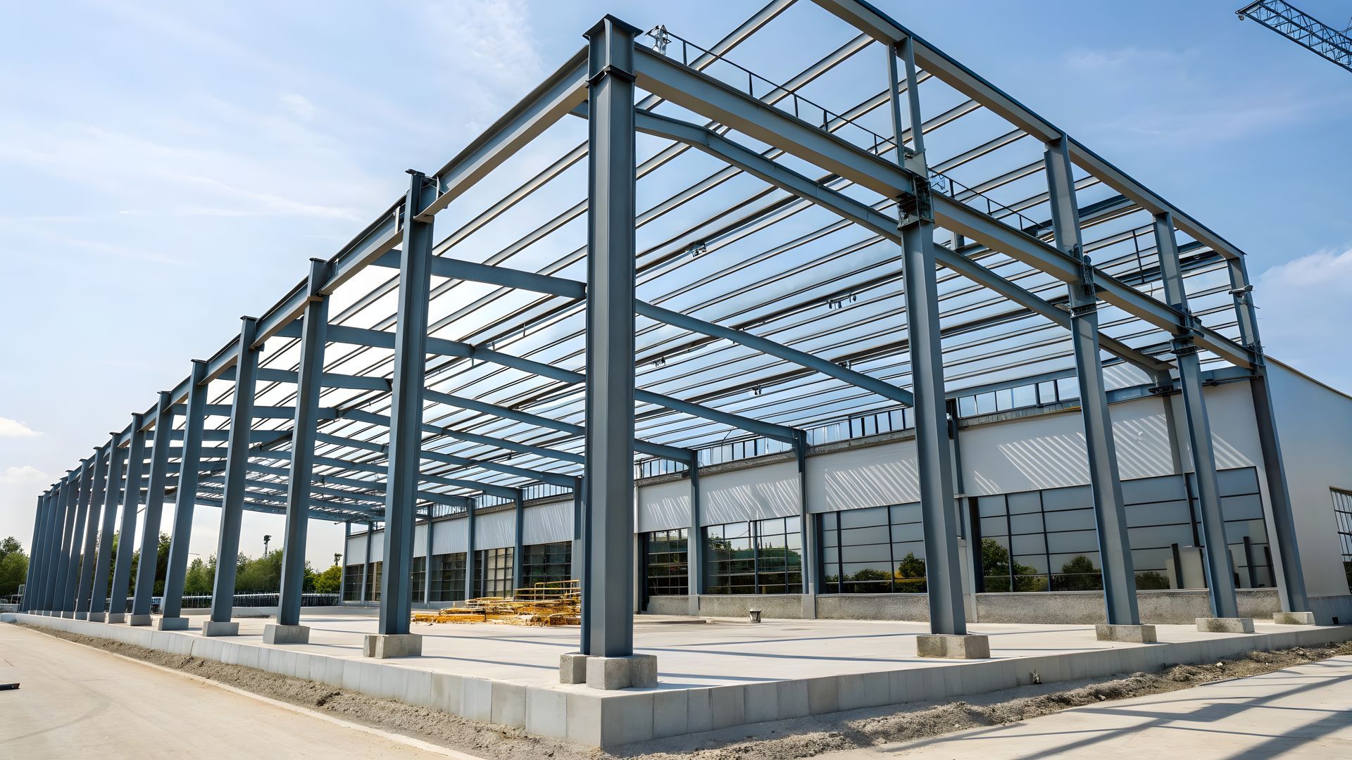 Large steel-frame building under construction on a sunny industrial lot