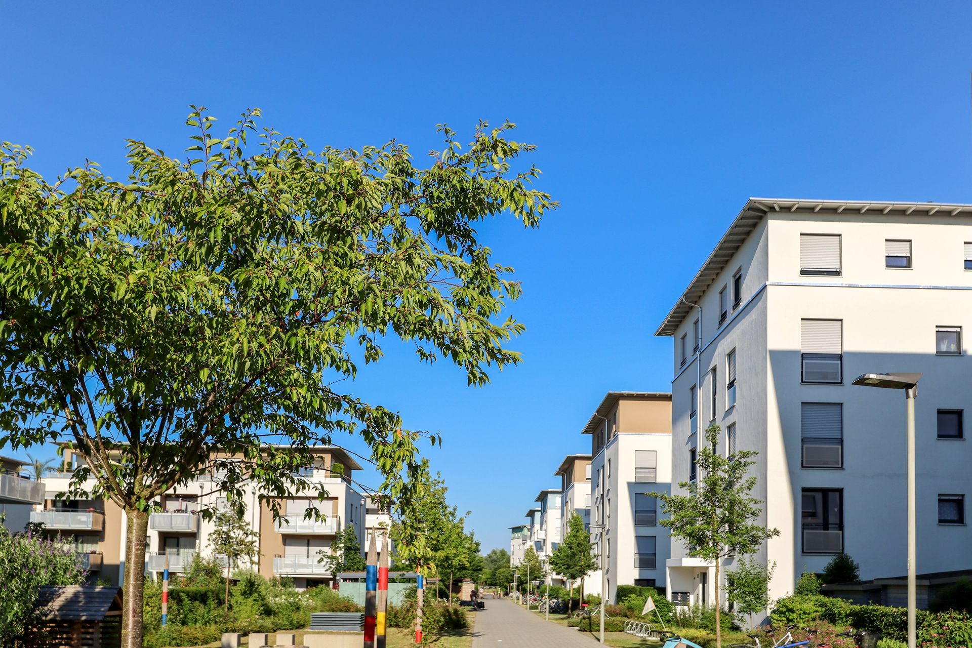 Sunny residential street with white apartment buildings and green trees under a clear blue sky Sunny residential street with white apartment buildings and green trees under a clear blue sky
