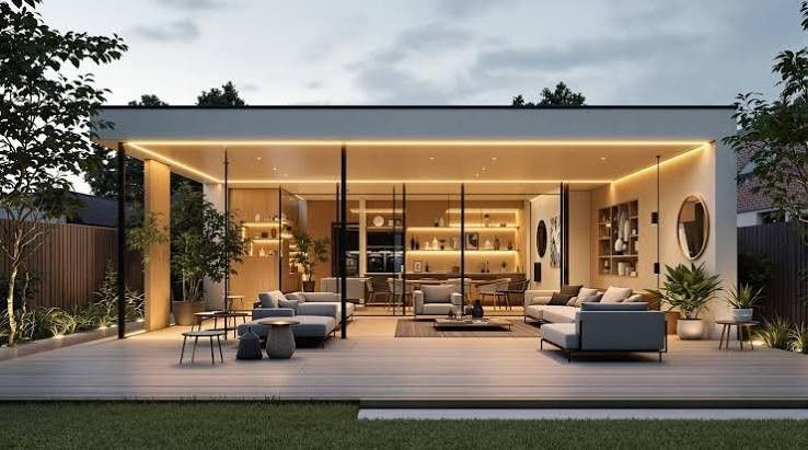 Modern open-plan living room with warm lighting, sliding glass walls, and outdoor patio seating at sunset Modern open-plan living room with warm lighting, sliding glass walls, and outdoor patio seating at sunset
