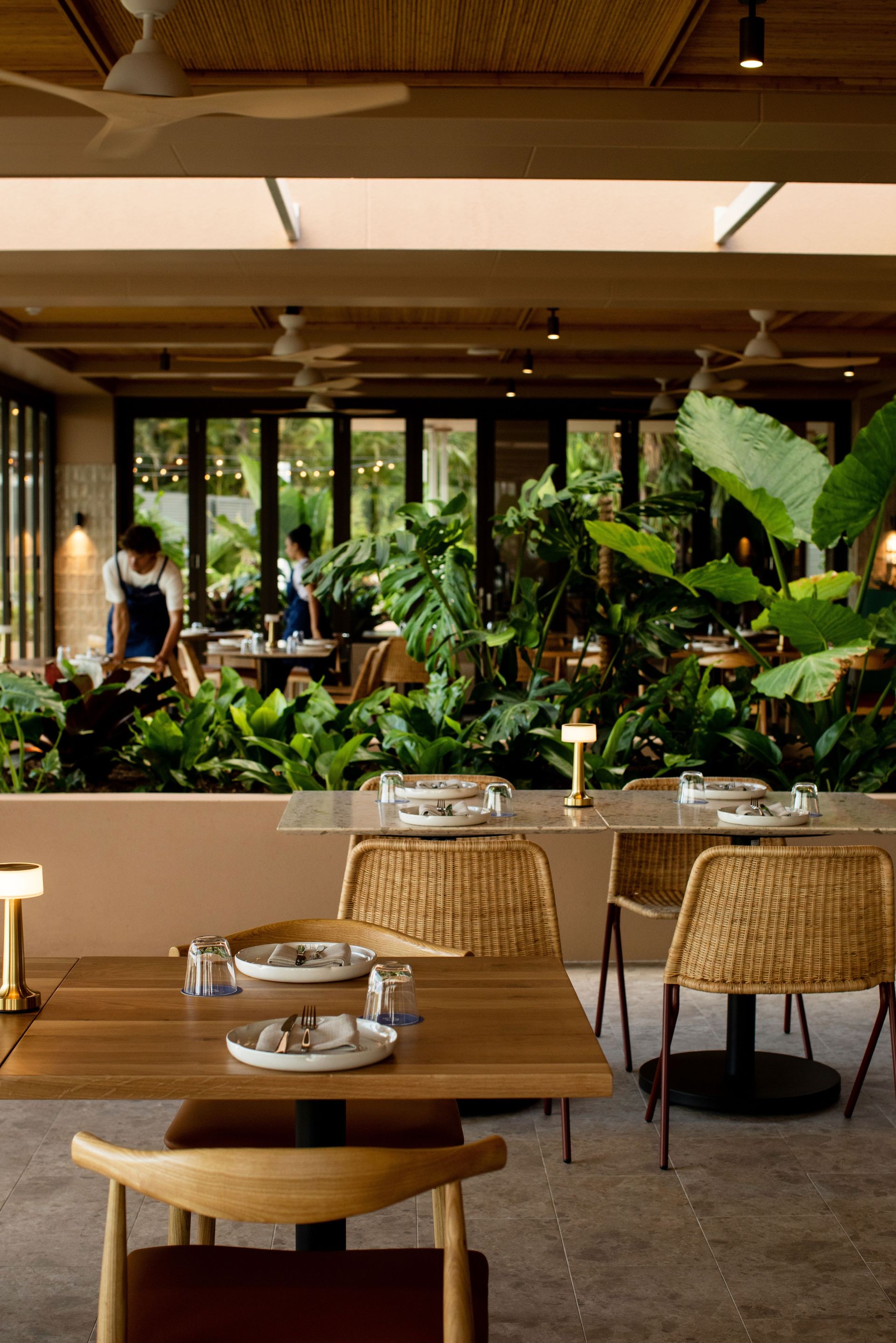 Modern café interior with wooden tables, wicker chairs, and lush green plants by large windows