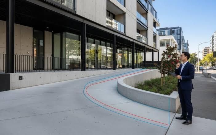 Narrow concrete corridor with metal railings and stone walls, leading into a bright outdoor walkway.