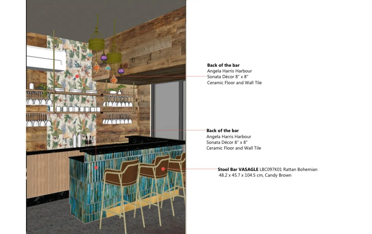 Modern café bar with turquoise tiled counter, stools, and wood shelving, shown with annotated labels
