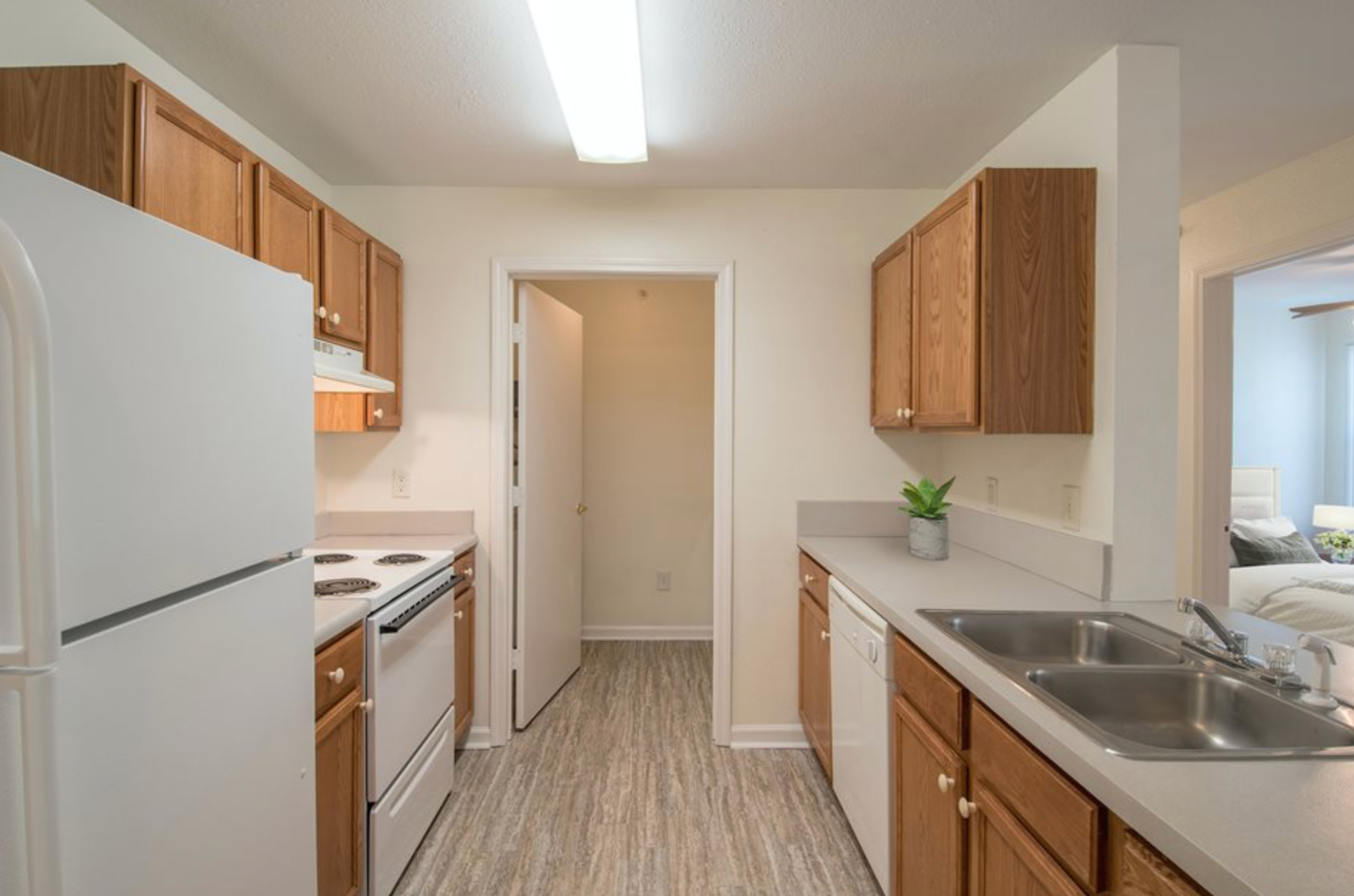 A kitchen with a refrigerator , stove , sink and dishwasher.