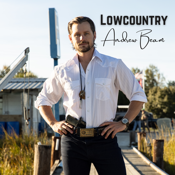A man in a white shirt is standing on a dock with his hands on his hips under the words lowcountry andrew beam