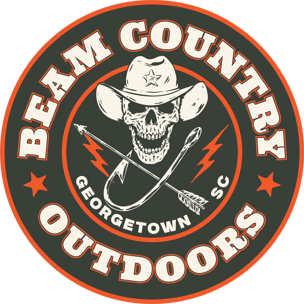 Beam Country Outdoors logo: skull in cowboy hat, crossed arrow and hook, orange and dark green.