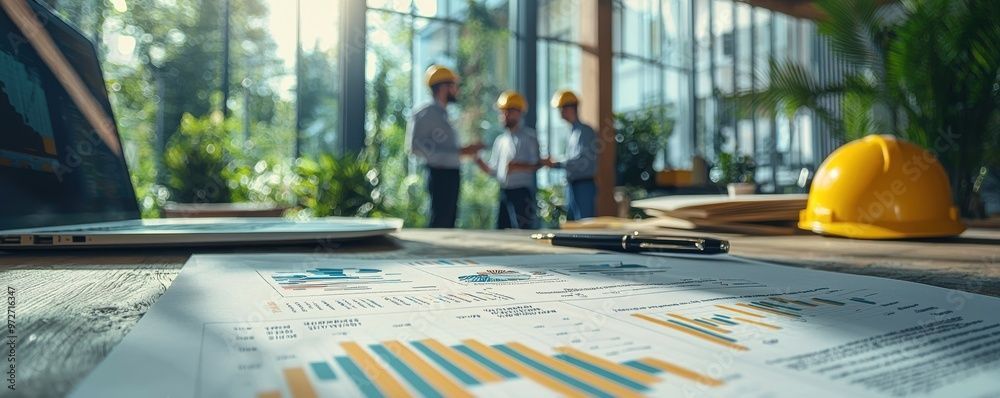 Des graphiques et un casque de chantier jaune sont posés sur un bureau au premier plan, tandis que des professionnels du bâtiment discutent dans un bureau.
