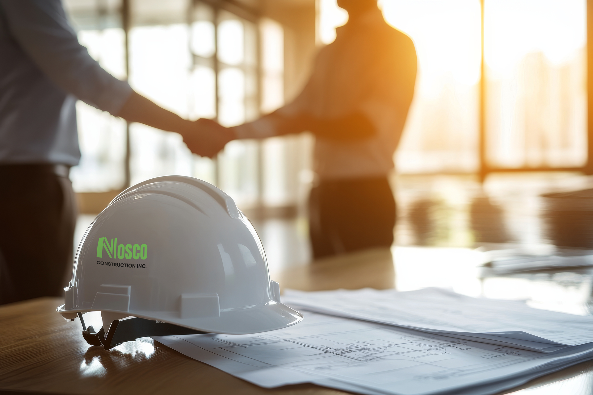 Un casque de chantier est posé sur un bureau à côté de plans d'architecte, tandis que deux professionnels se serrent la main à l'arrière-plan flou.