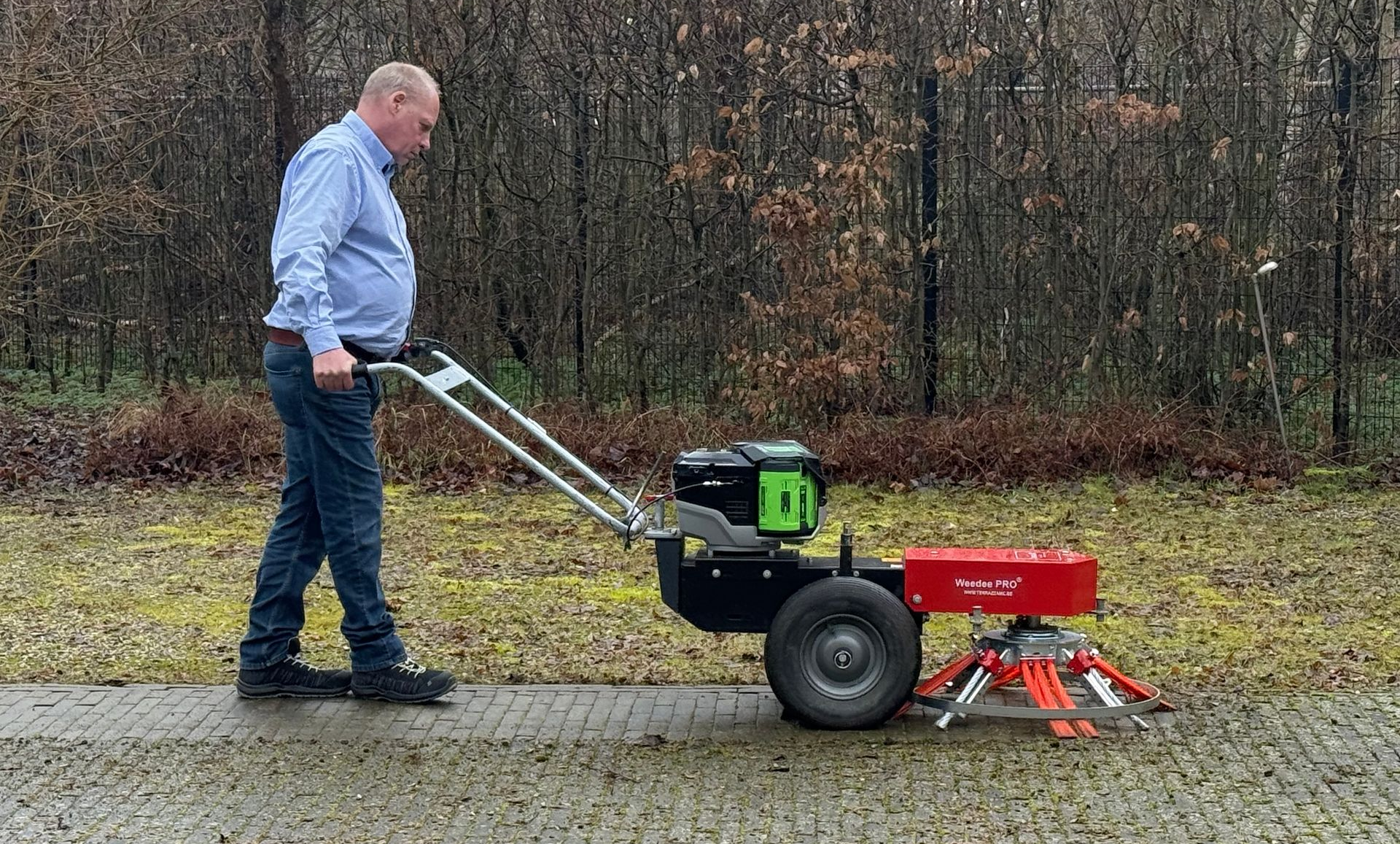 Picture of a man removing mosses and weeds with our Weedee PRO machine.