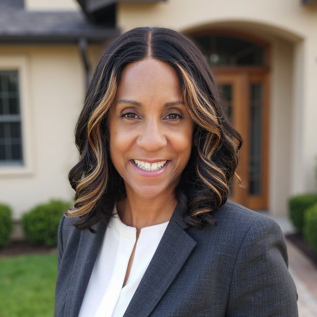 A smiling person with shoulder-length highlighted hair, wearing a dark blazer over a white shirt in front of a house.