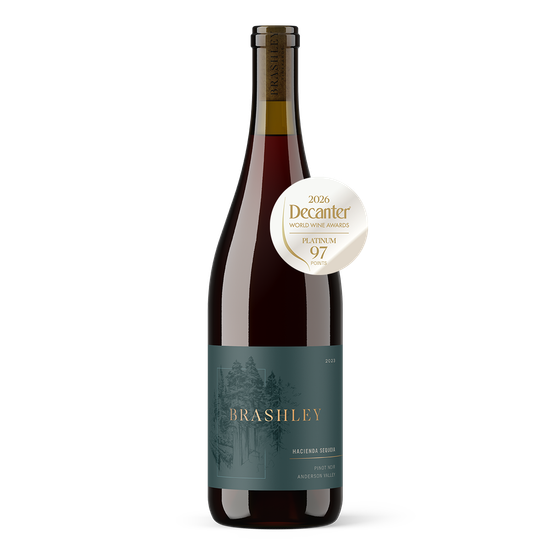 Bottle of 2023 Brashley Hacienda Sequoia Pinot Noir with Decanter medal