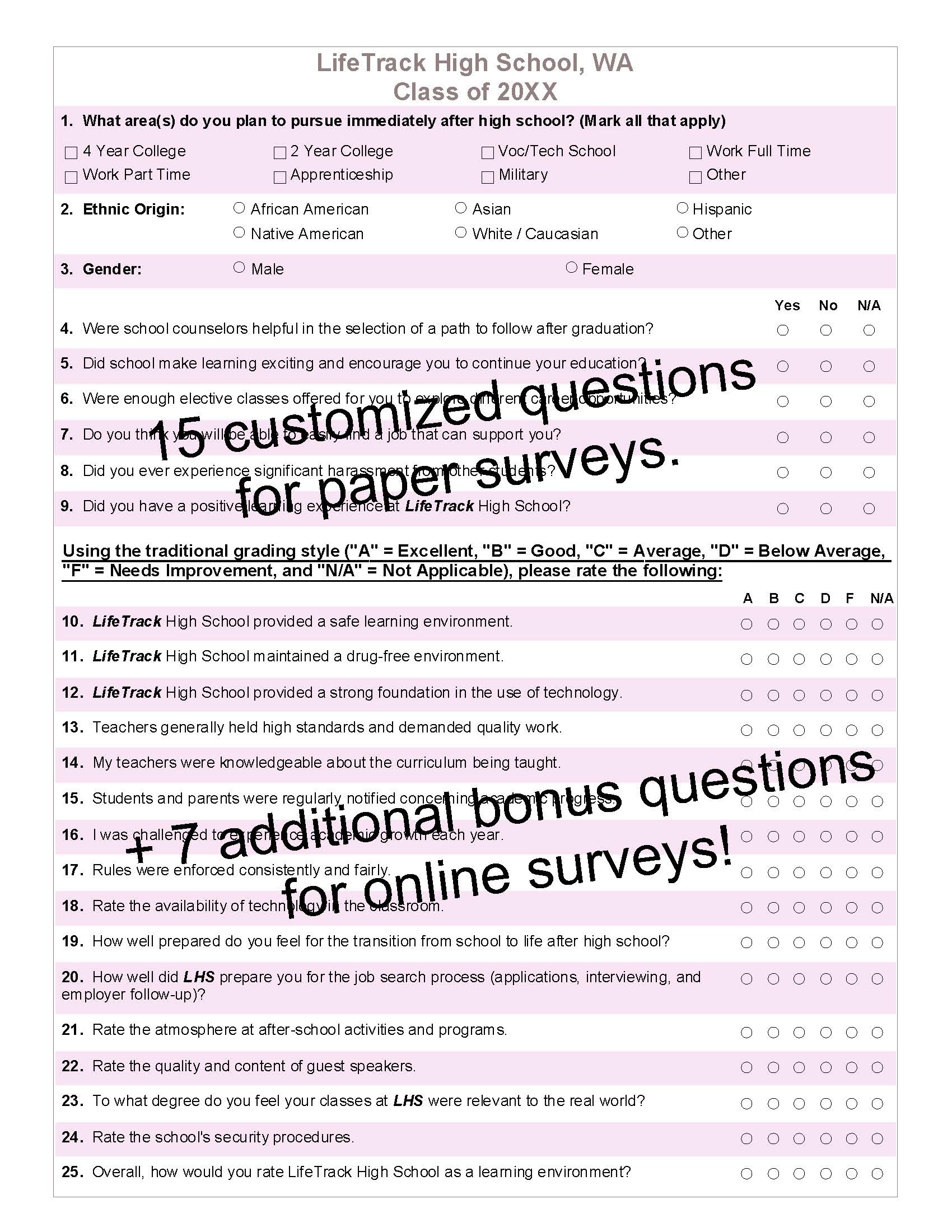 Survey with 15 questions for paper and 7 bonus online questions, with pink highlighting.
