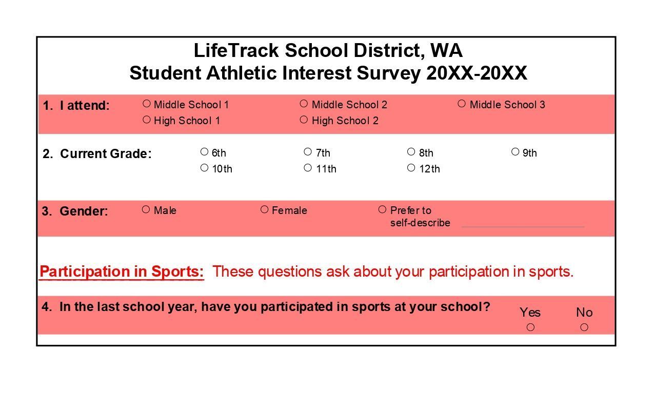 Student Athletic Interest Survey from LifeTrack School District, WA with fields for grade, gender, and sports participation.