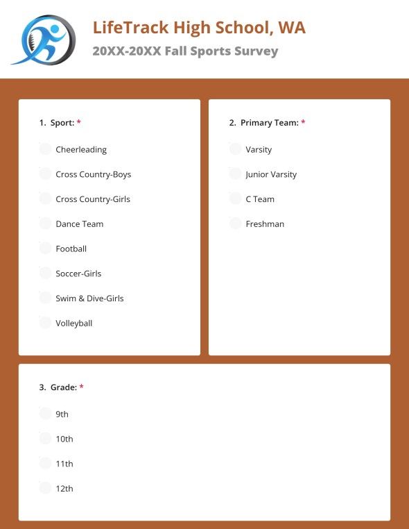 Online survey: Fall Sports Survey at a high school, with questions on satisfaction and agreement.