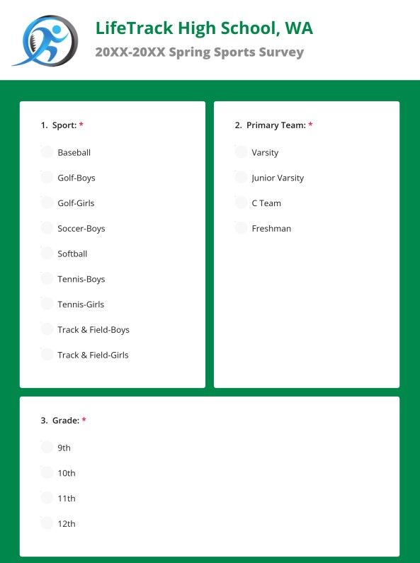 Online survey from LifeTrack High School regarding spring sports, with questions and answer options.