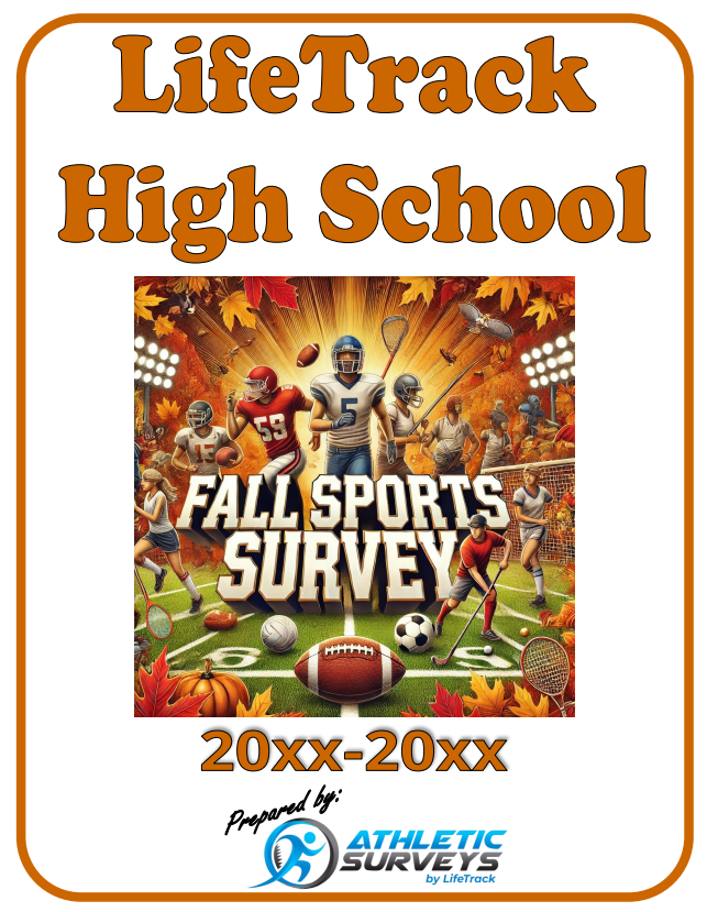 Fall sports survey for LifeTrack High School. Collage of sports photos, orange and brown design. 20XX-20XX.
