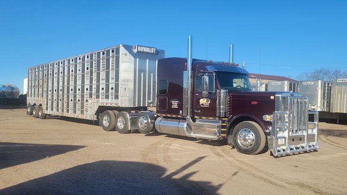A semi truck with a trailer attached to it is parked in a dirt lot.