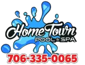 A logo for hometown pool and spa with a phone number