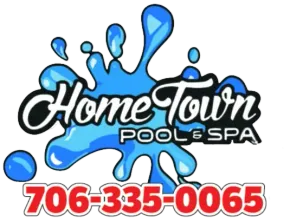 A logo for hometown pool and spa with a phone number