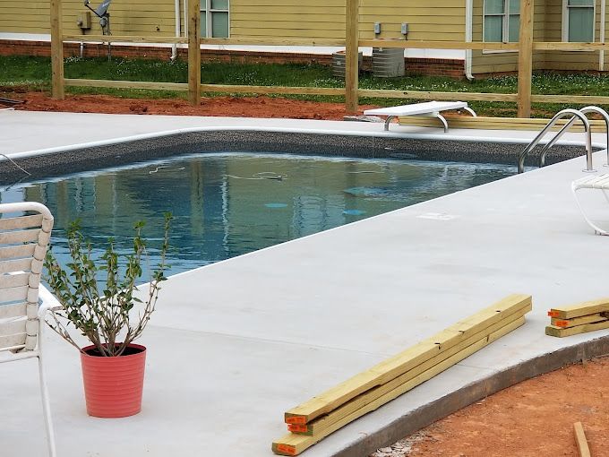 A potted plant sits next to a swimming pool