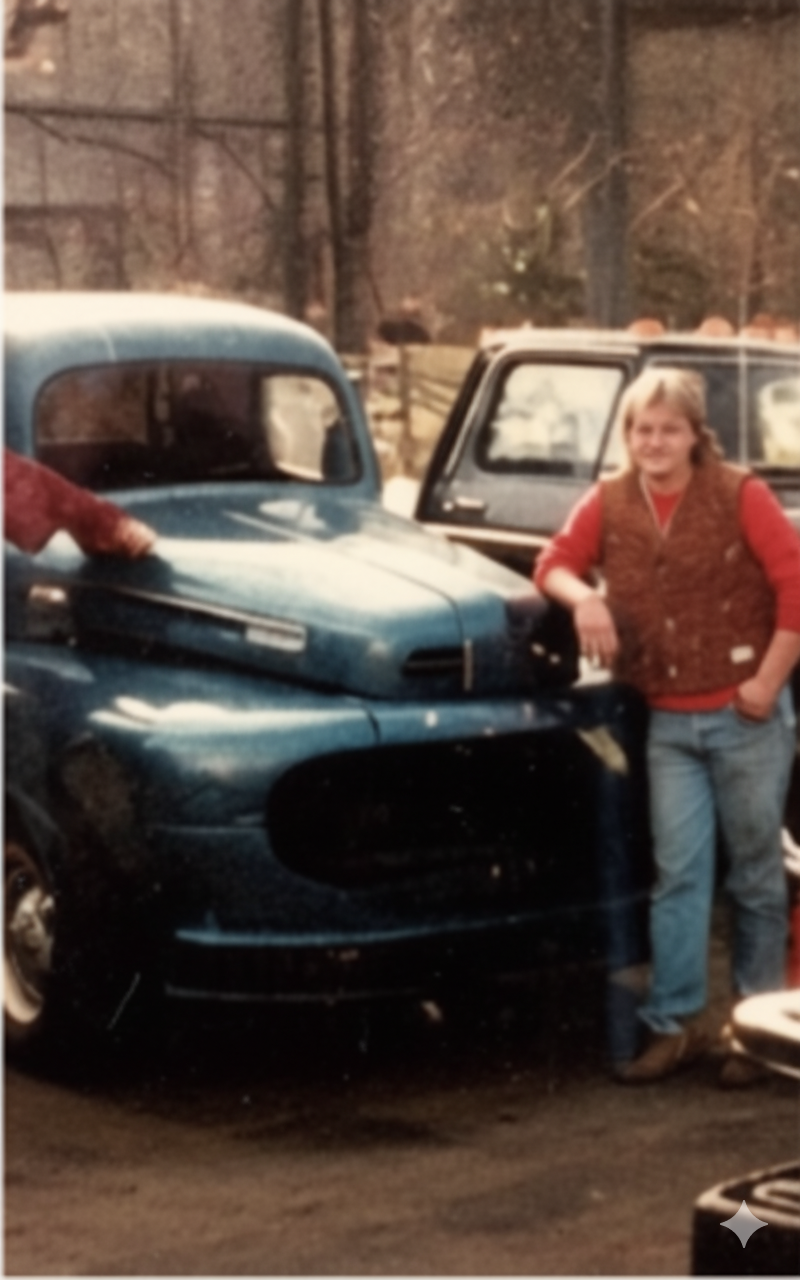 Person leaning against a teal vintage car outdoors in a wooded area.