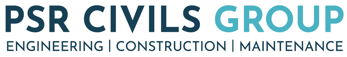 PSR Civils Group logo with blue and green text and the tagline “Engineering | Construction | Maintenance”