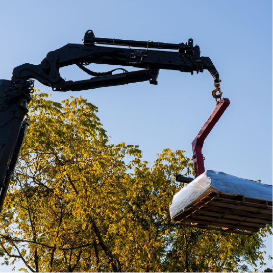 Crane arm lifting a stacked pallet beside a leafy tree under a clear blue sky
