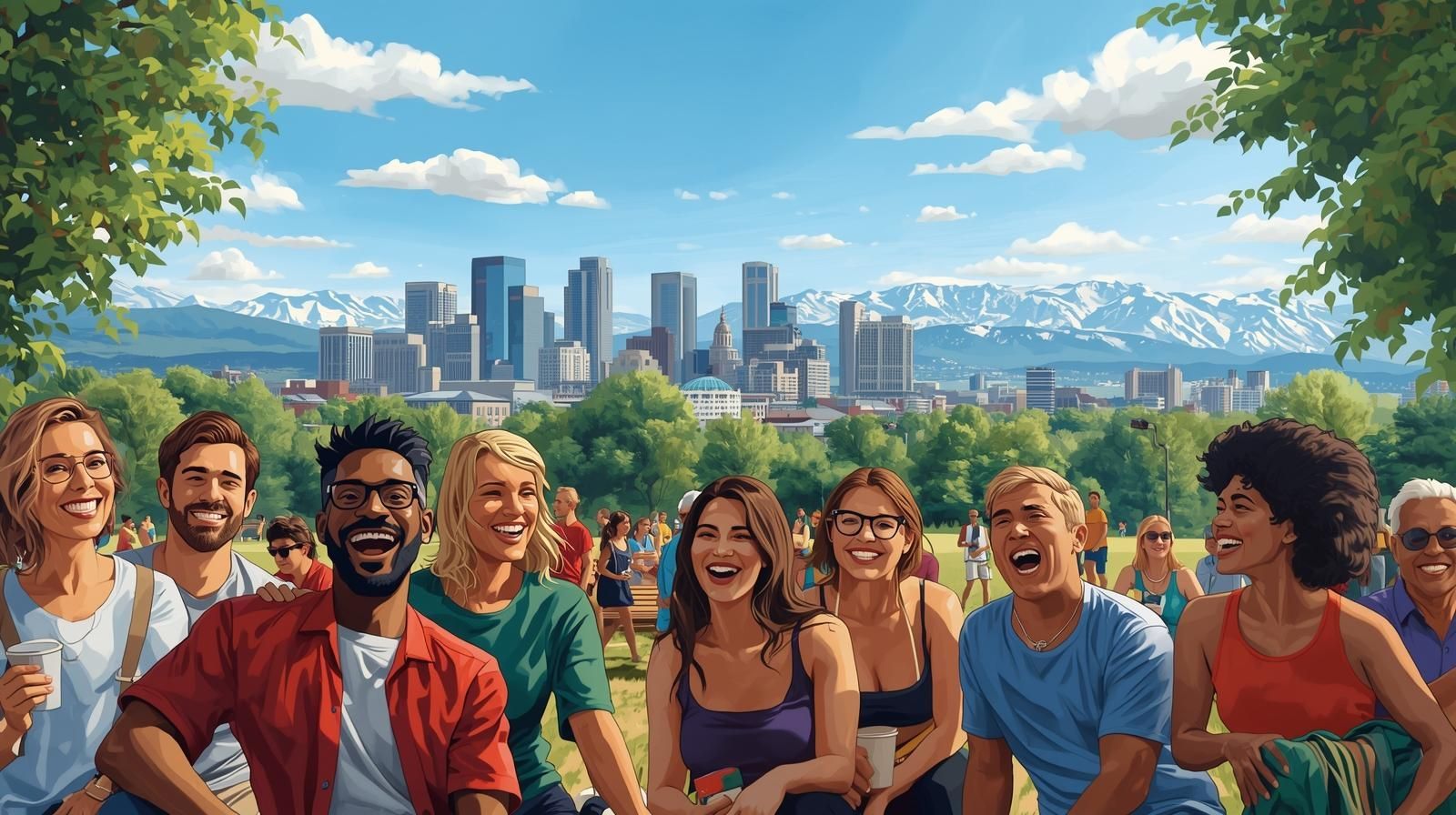 Group of friends laughing in a park with Salt Lake City.