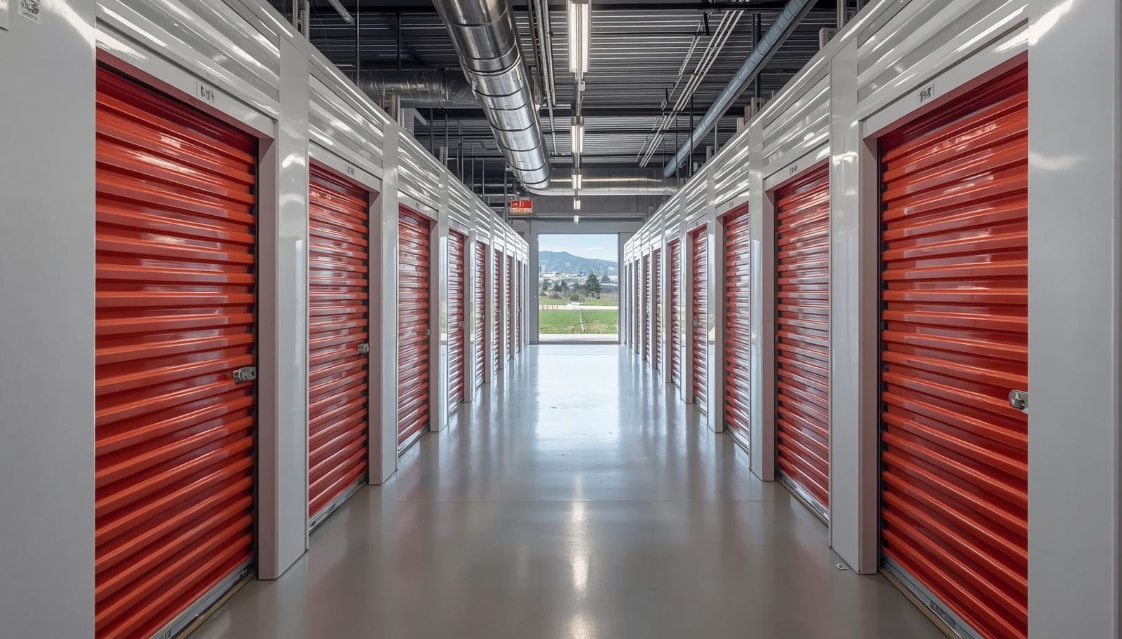 Climate-controlled storage hallway with indoor storage units