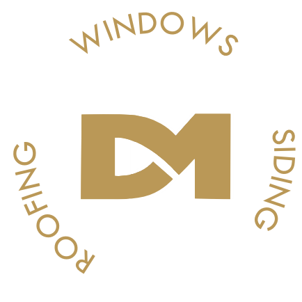 Gold DM logo with words windows, siding, and roofing arranged around it on a white background