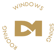 Gold DM logo with words windows, siding, and roofing arranged around it on a white background
