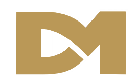 Gold stylized “DM” logo on a white background