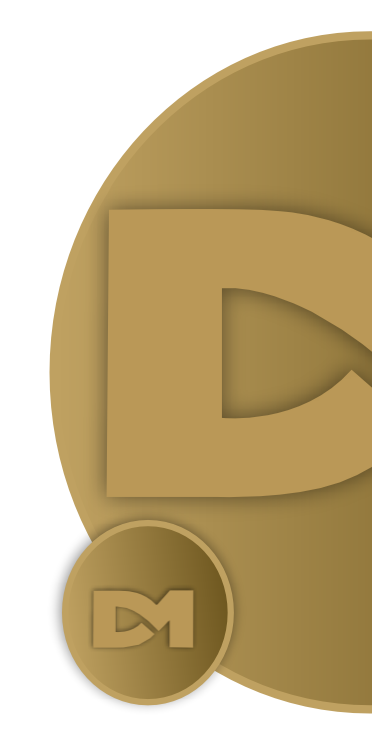 Gold circular logo with a stylized “D” and small “DM” emblem on a gold background