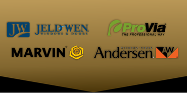 Logos for JELD-WEN, ProVia, Marvin, and Andersen on a gold background