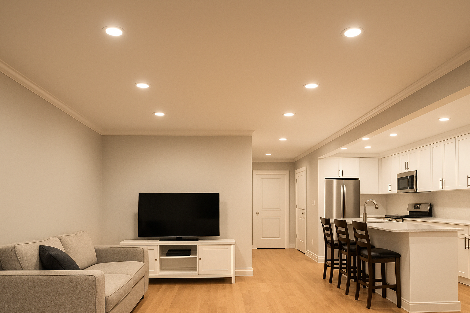 Alpha Electric potlight installation brightening a modern living room in a Milton home