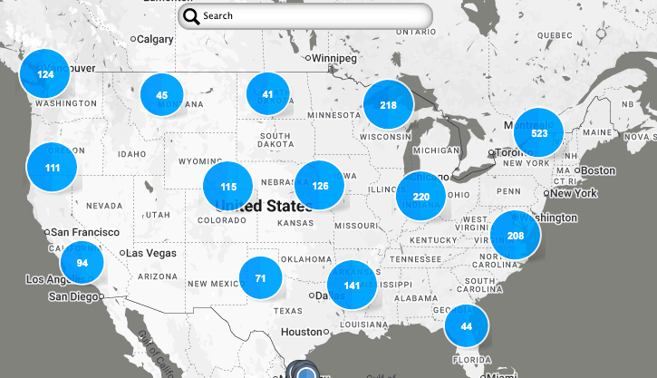 U.S. map with blue numbered markers showing clustered locations across the country