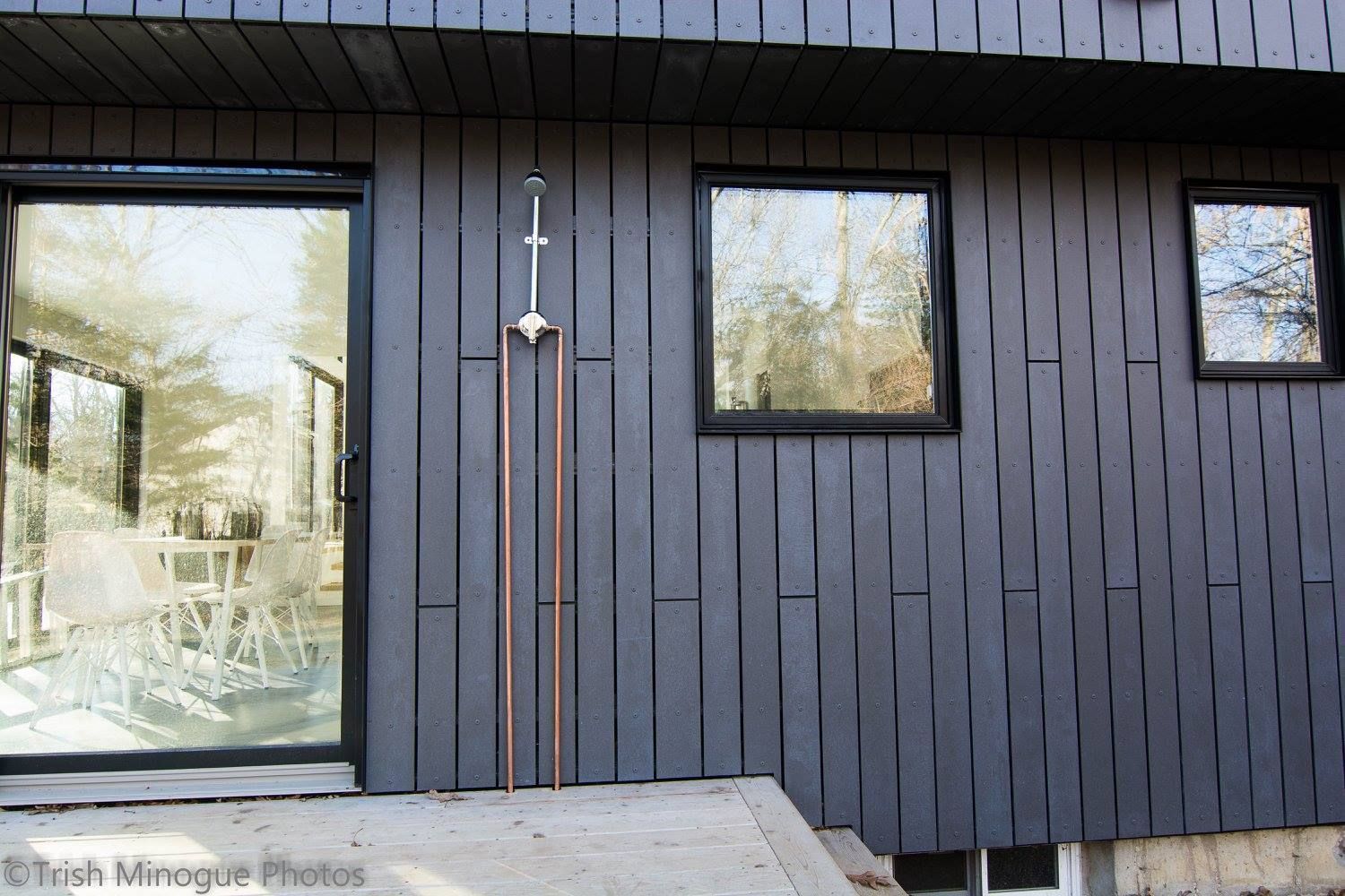 Modern dark-paneled house exterior with large glass door and two windows