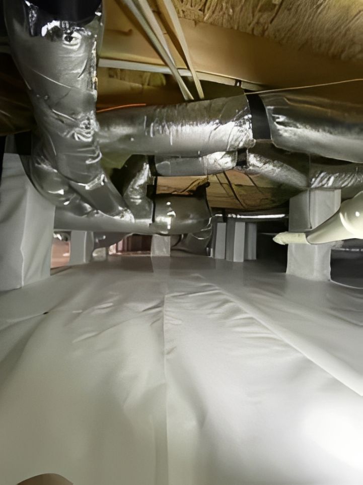 Crawlspace with white plastic vapor barrier on ground, supporting beams and ductwork overhead.