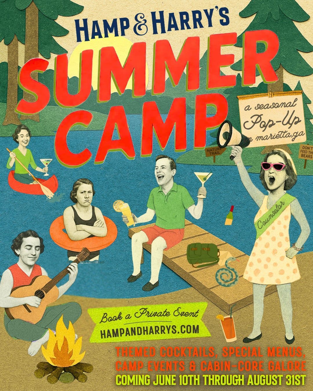 Poster for Hamp & Harry's Summer Camp: People by a lake, camp activities, cocktails, text