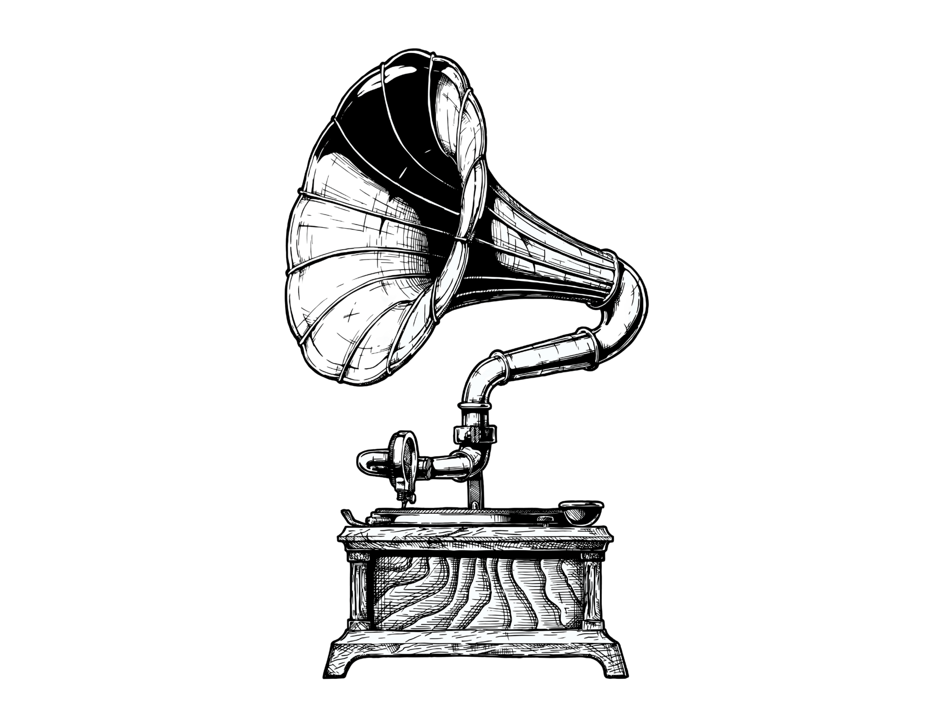 Vintage gramophone with large horn, in black and white.