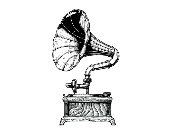 Vintage gramophone with large horn, in black and white.